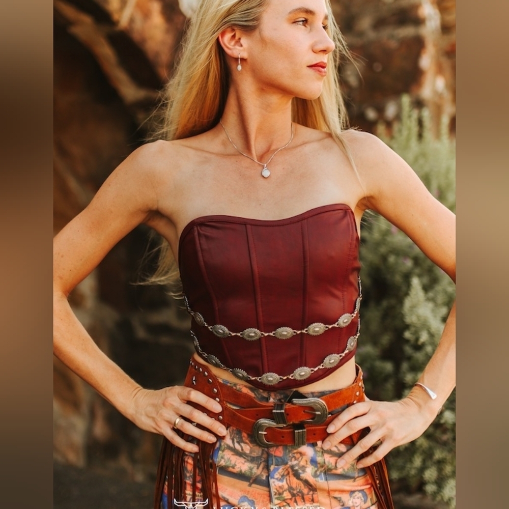 NWT Wine Corset Top With Concho Chain Detail on Faux Leather